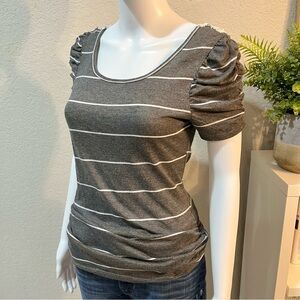 Gray Striped Top With Ruched Sleeves